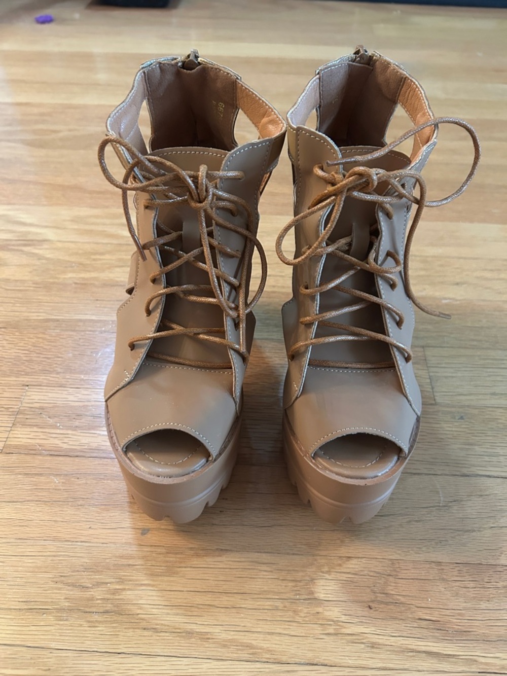SOLD!! Lace-Up Platform Peep-Toe Boots - Tan (Never